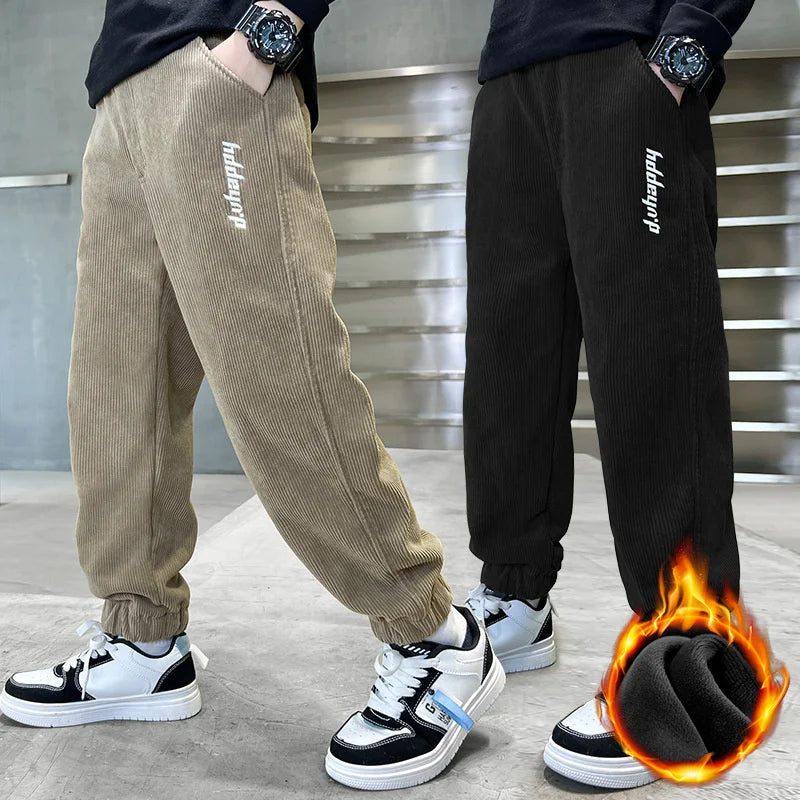Children's Plus Velvet Pants Boys Padded Trousers Winter New Kids Elastic Waist Sweatpants Teenager Casual Fleece Clothing
