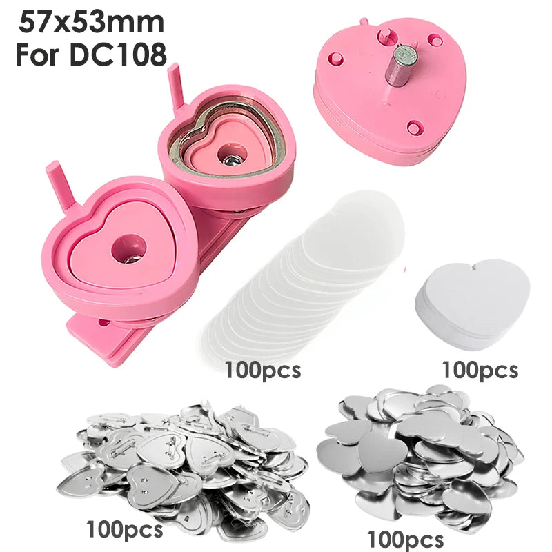 Pink/Green Button Badge Machine Mold Die DIY Round/Heart Pin Badge Making Punch Press Maker 57*53mm Badge Parts For DC108 Series