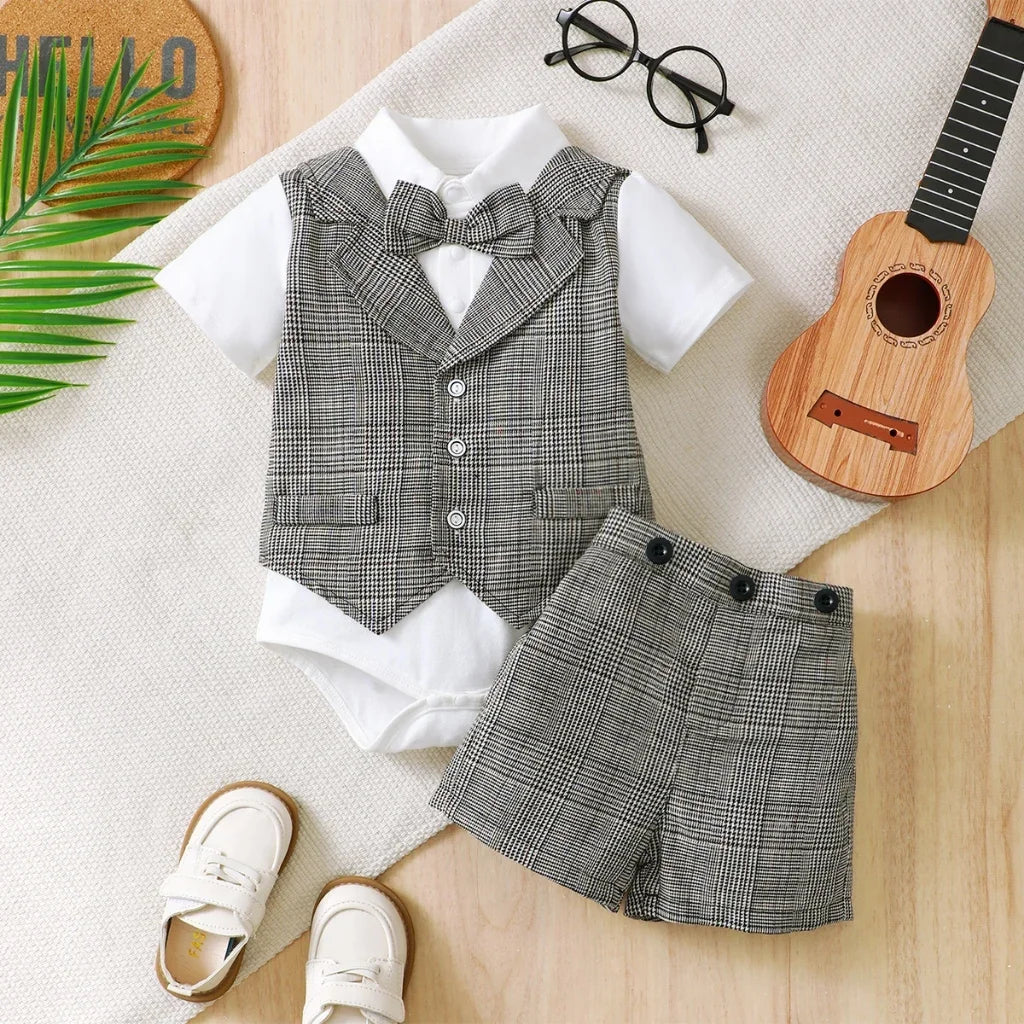2025 Baby Boys' Gentleman Clothes Set Bow Tie Plaid Romper+Plaid Shorts 2PCS Summer Outfits Infant Birthday Party for 0-3Years