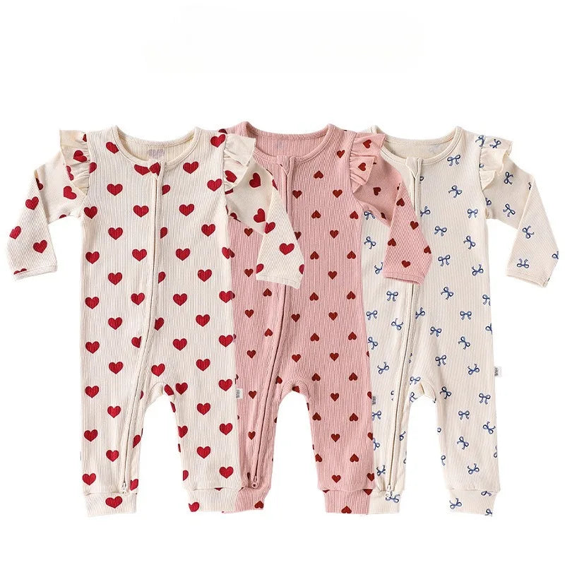 New Spring Autumn Baby Girl Heart Print Romper with Ruffle Long Sleeves Love Heart Zipper Cute One-Piece Newborn Jumpsuit A5127