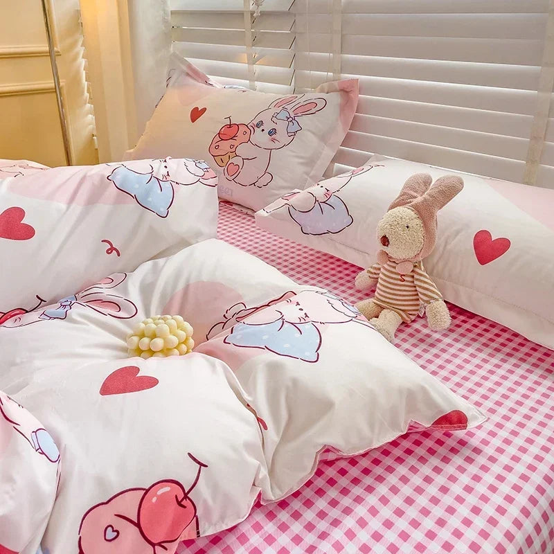 Cartoon Style Bed Sheet Set For Kids Cute Bunny Printed Bedding Set Breathable Durable постельное белье 이불세트 Queen/King Bedding