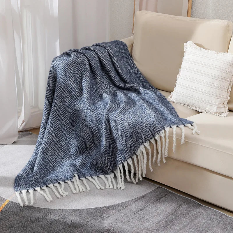 European and American Style Solid Sofa Blanket Napping Air Conditioning Blanket Towel with Tassels Super Soft Cozy Shawl Cushion