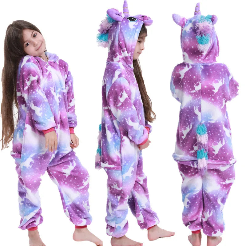 Kids Unicorn Animal Jumpsuits Cartoon Pajamas Cosplay Holiday Costume Cat Panda Flannel Sleepwear for Children Outfits 4-12Yrs