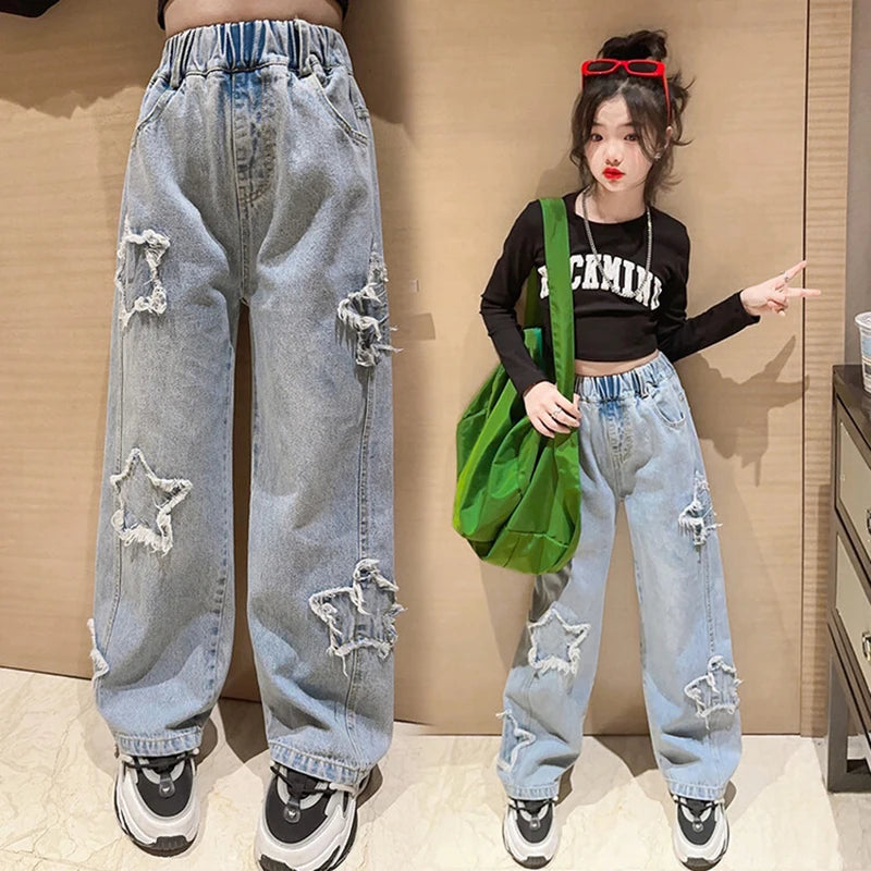 Spring Autumn Teenager Girls Denim Wide Leg Pants Children Trousers New Fashion Star Pattern Girls Jeans 5-14 Years Kids Clothes