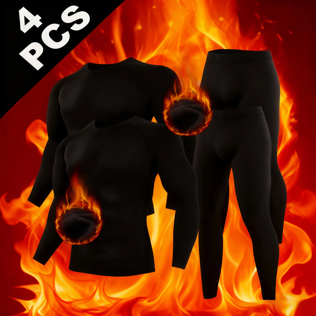 4 Pcs Autumn/Winter Men's Black Long sleeved thermal wear set Youth Fitness Running Base Sports Shirt Casual Stretch Pants
