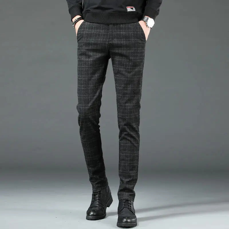 Men's Clothing Korean Fashion Vintage Plaid Business Casual Suit Pants Autumn Formal Slim Straight Trousers Pantalones Hombre