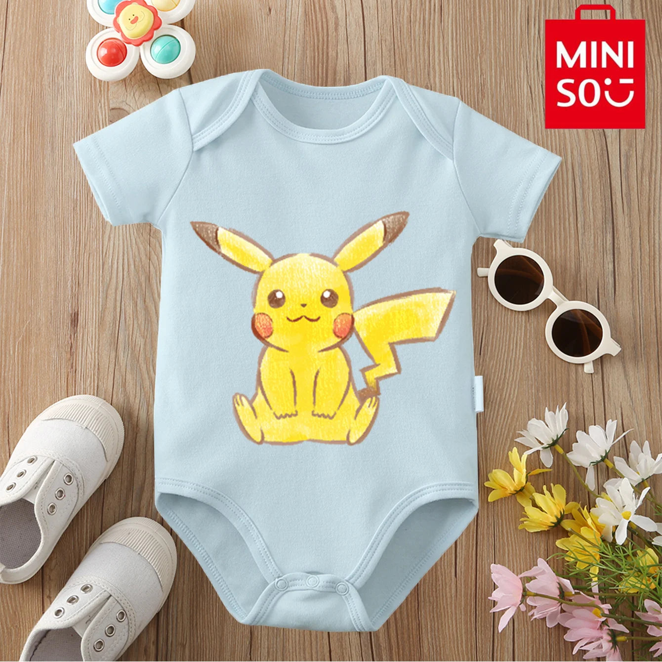 MINISO Pure Cotton Cute Pokemon Pikachu Print Bodysuit Baby Soft Cloths Gift for Baby Onesie Jumpsuit for 0 To 12 Months Newborn