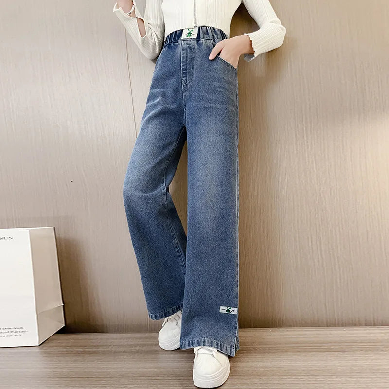 Teenage Girls Jeans 2025 Spring Autumn Casual Fashion Loose Blue Kids Leg Wide Pants School Children Trousers 6 8 10 12 Year