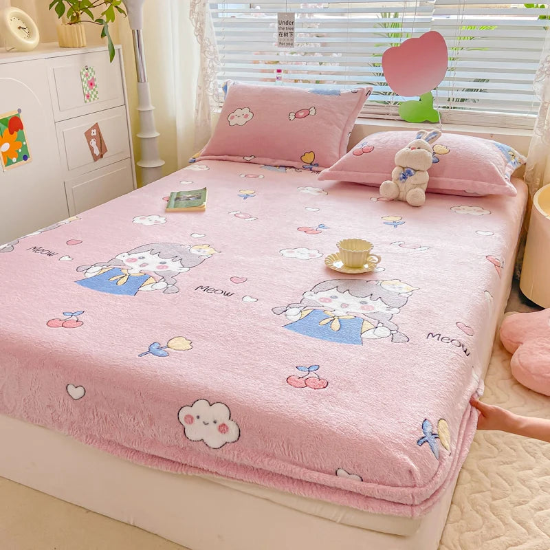 Bedspreads Milk Velvet Fitted Sheet Thick Flannel Warm Headboards All-Around Elastic Double Bed Sheets Bed Cover Mattress Cover