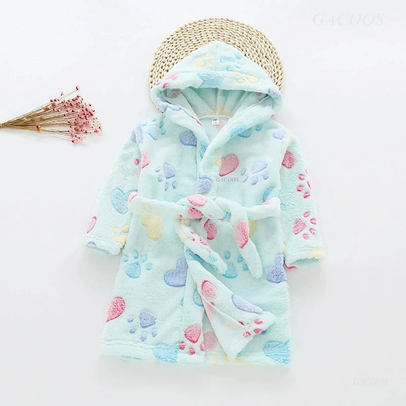 2025 Kids Hooded Flannel Bathrobe Baby Bath Bear Printed Robes Boys Girls Cute Cartoon Soft Warm Pajamas Long Sleeve Towel Robe