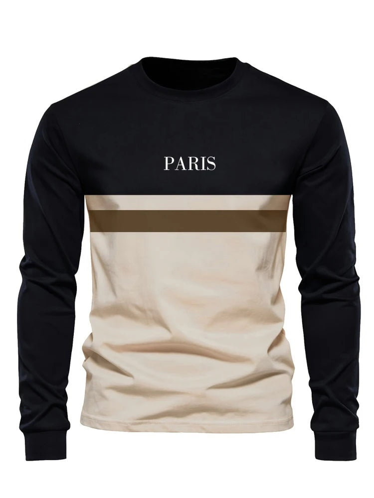 Men's Long Sleeve T-shirt Beige and Black Color-block Design Letter Print Stretchy Autumn Top Casual Basic Long Sleeve Clothing