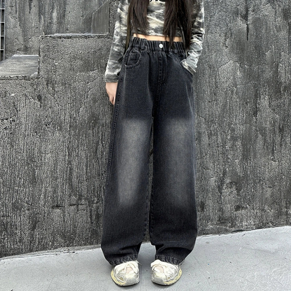 Teenage Child Vintage Straight Fit Black Jeans for Tween Girl Casual Gradient Denim Pants Kids New Fashion Jeans Trousers 4-14Y