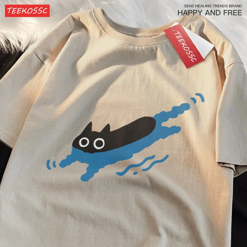 Couple Tees Swimming Black Cat Diving Shoulder Short Sleeved T-shirt For Men Women Breathable Casual Pure Cotton Loose Clothes