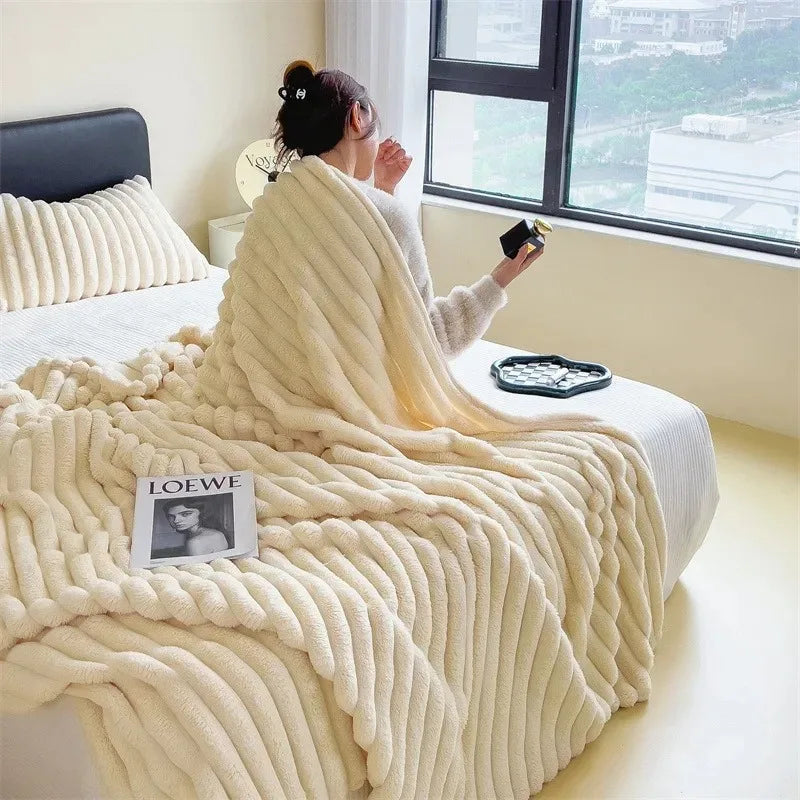 Solid color thickened wide striped multifunctional blanket, can be used as bed sheet cover blanket, nap blanket, pet blanket