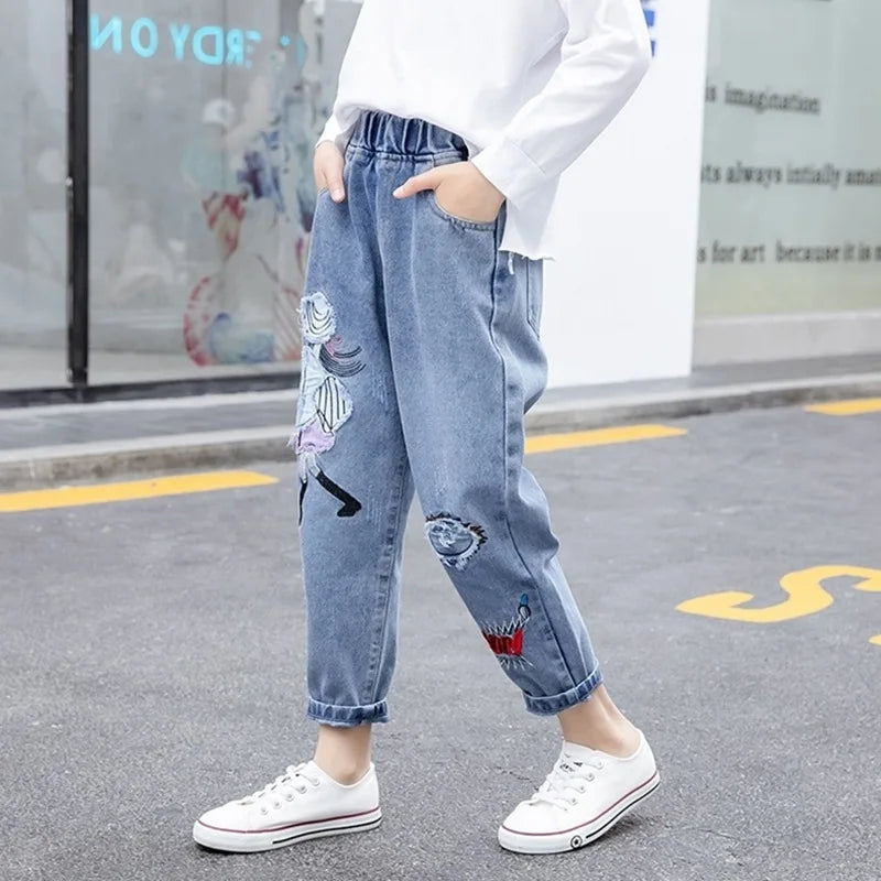 Girls Jeans spring autumn Casual Loose Side Gradient Color Young Children hole Wide Leg Pants3-12Years Teen School Kids Trousers