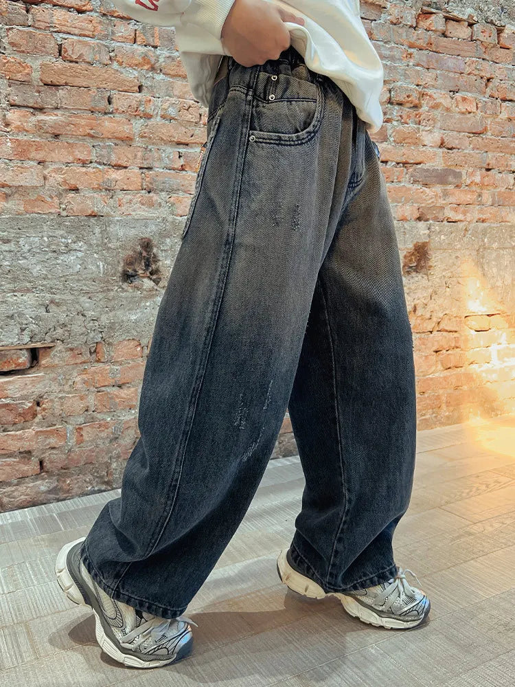 New Teenagers Boys Jeans Children Wide Leg Denim Pants for Kids Loose Pockets Trousers Spring Autumn 4 6 8 10 11 12 13 14 Years