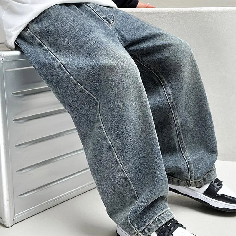 4-12Y Boy Jeans 2025 New Autumn Wide Straight Leg Denim Pant Versatile Stylish Children's Handsome Casual Cotton Sports Trousers