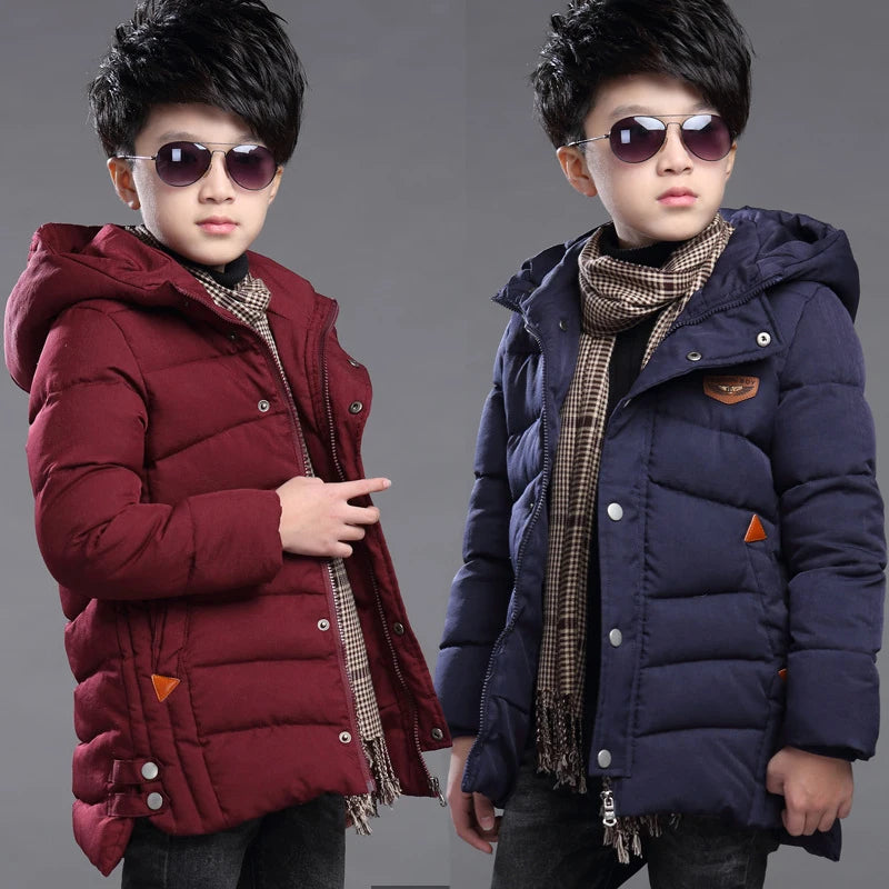 Winter New Teen Boys Jacket Long Style Solid Color Thick Keep Warm Hooded Outwear For 5-14 Years Kids Down Cotton Windbreaker