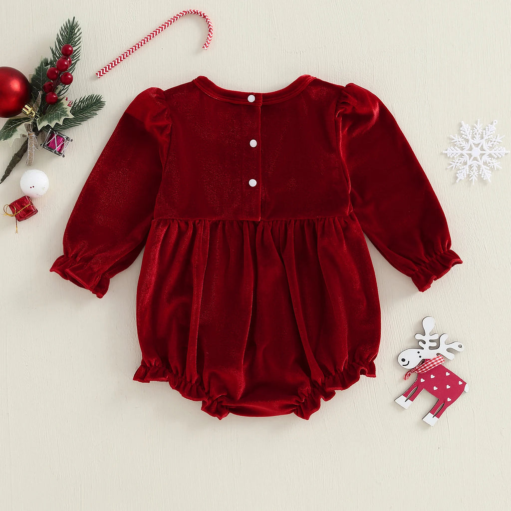 Christmas Infant Baby Girl Velvet Romper Xmas Newborn Coton Loose Decorative Bow Bubble Overall Kids Long Sleeve Jumpsuit