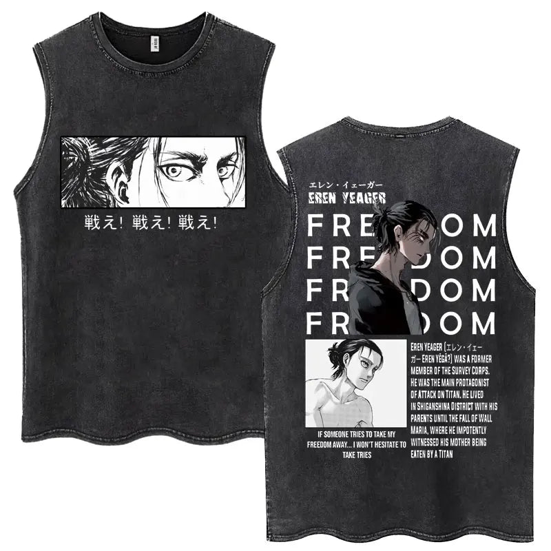 Washed Anime Attack on Titan Vintage Tank Tops Eren Yeager Shingeki No Kyojin Sleeveless T Shirt Men's Cotton Loose Y2k T Shirts