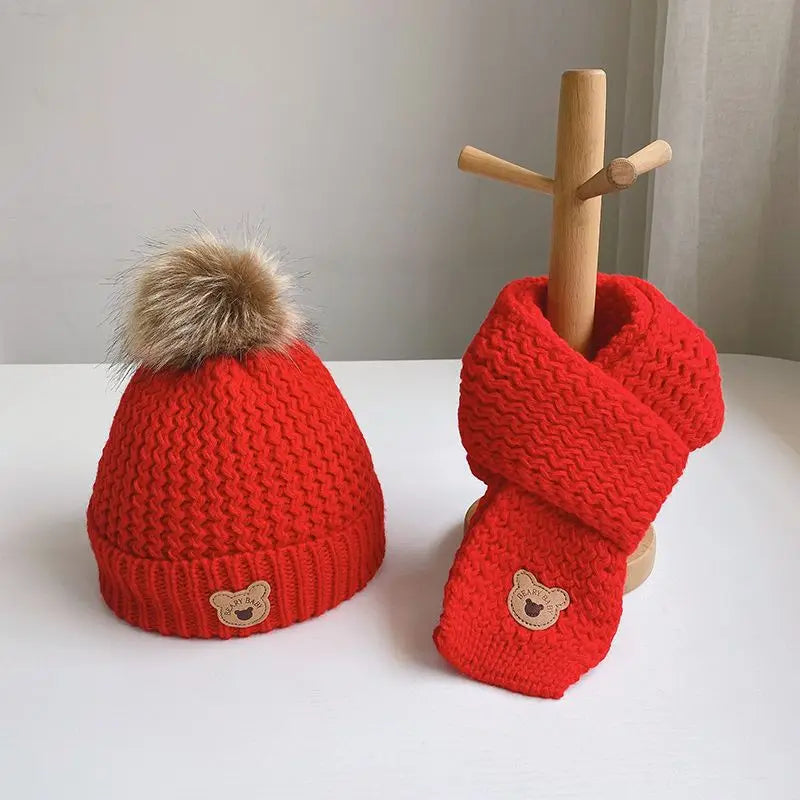 Children's Hat Scarf Set Winter Warm Autumn Winter Plush Boys and Girls' Little Bear Thick Ear Protection Baby Hairline Hat