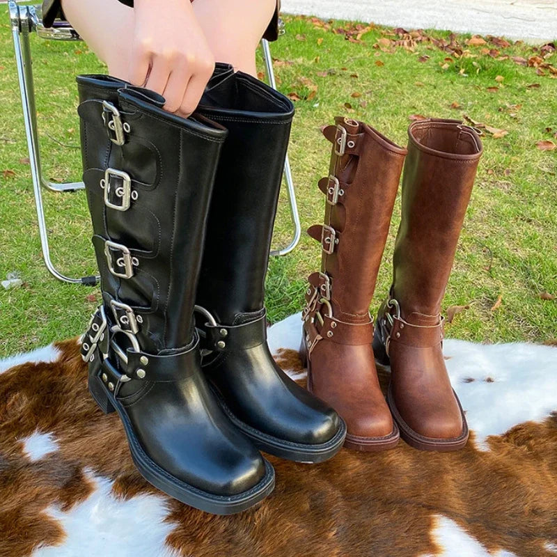 Four Seasons Belt Buckle Retro High Boots Fashion Boots Women's Boots Long Boot Chunky Heel Height Increasing Shoes botas mujer