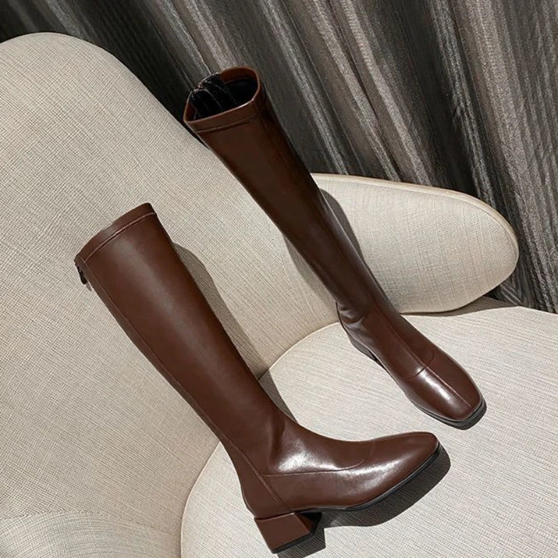 Ladies Boots Elastic Brown Middle Heel Footwear Square Toe Shoes for Women New in Designer Luxury Winter 2025 Novelty Fashion Pu