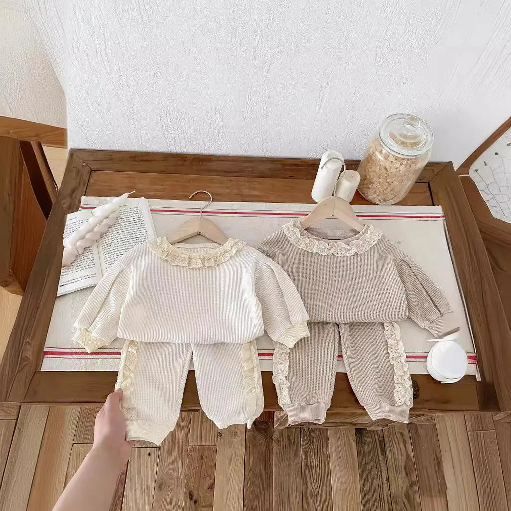 2025 Autumn Spring New in Sweet Lace Trimmed Stylish Sweatshirt + Pants Korean Kids Baby Girls' Casual Loose 2-Piece Set