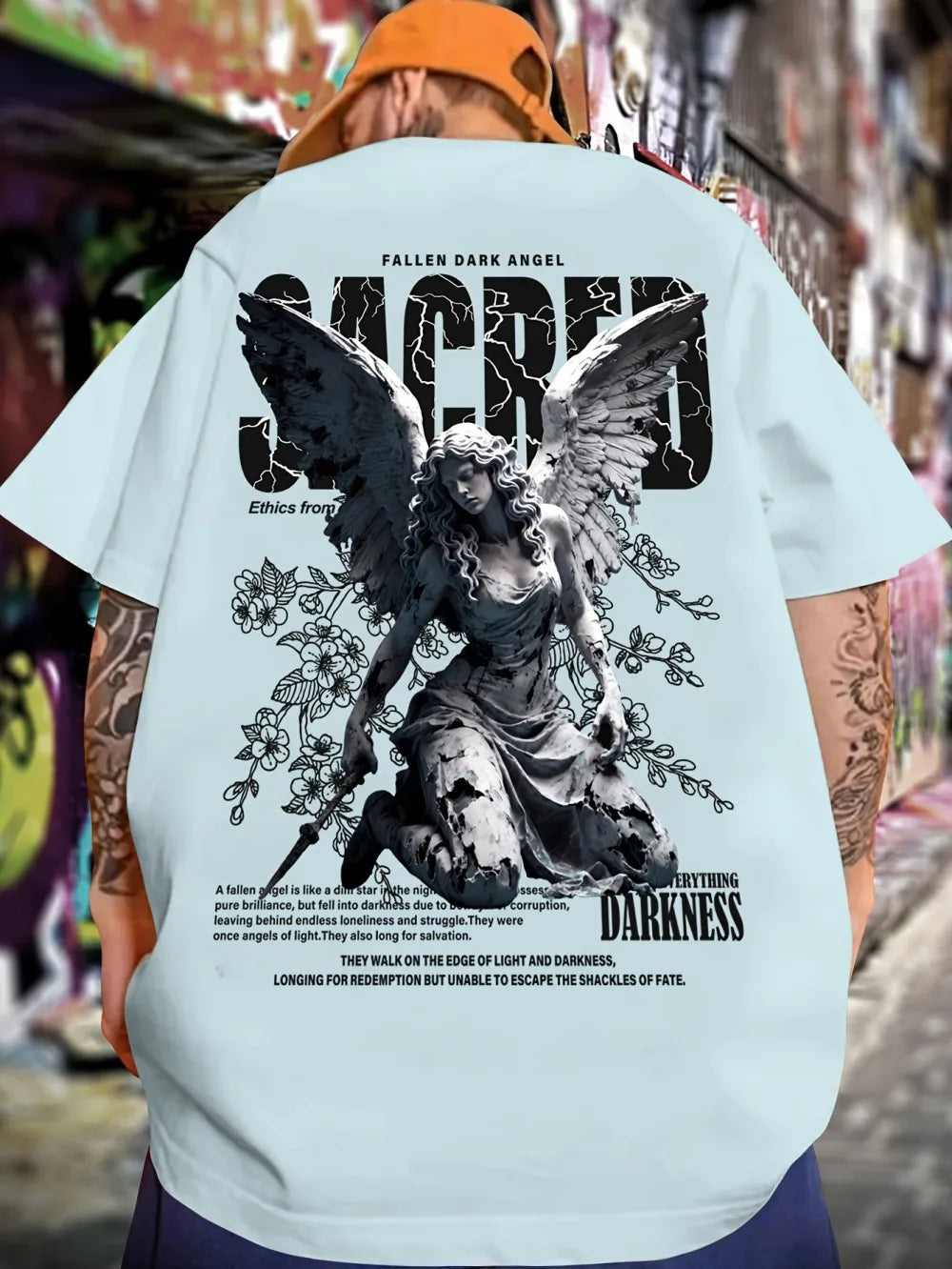 Summer fashion men's personalized angel letter print micro elastic breathable round neck T-shirt outdoor street versatile top