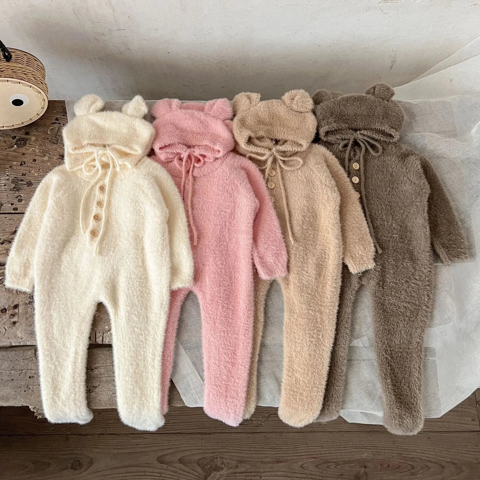 Newborn Baby Winter Jumpsuit Mink Cashmere Cute Bear Ear Hooded Onesie with Hat 0 - 3Y Baby Boys Girls Warm Footed Romper
