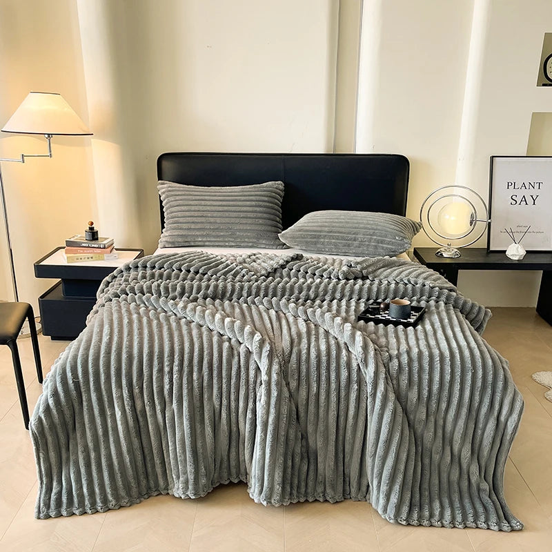 Solid color thickened wide striped multifunctional blanket, can be used as bed sheet cover blanket, nap blanket, pet blanket