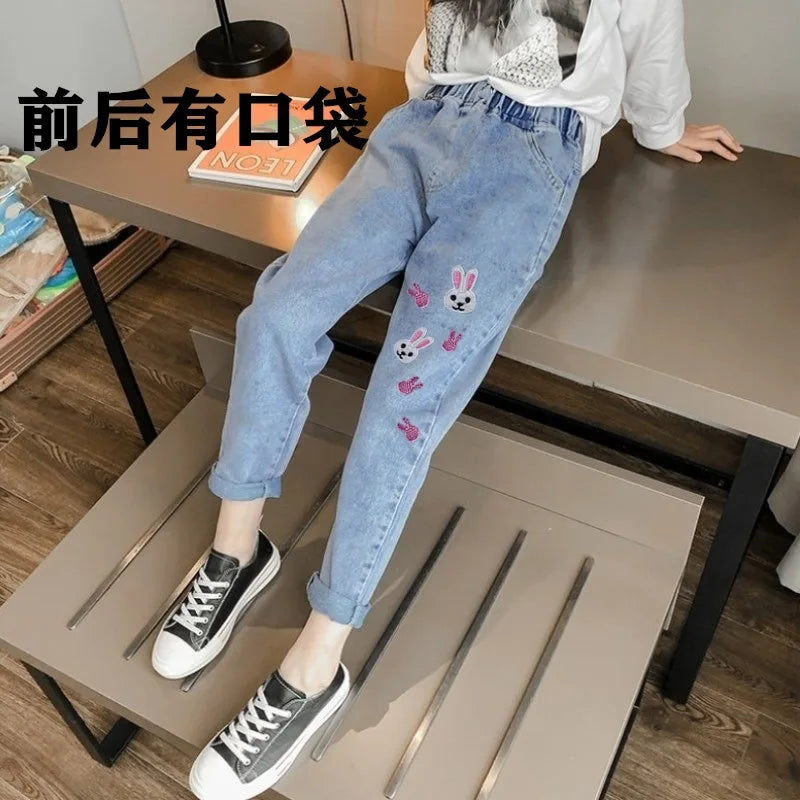 Girls Jeans spring autumn Casual Loose Side Gradient Color Young Children hole Wide Leg Pants3-12Years Teen School Kids Trousers