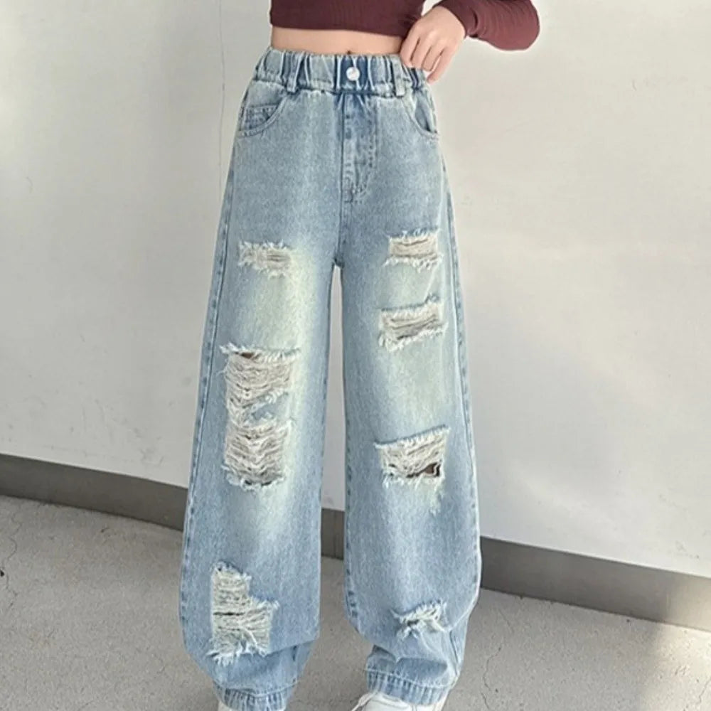 Ripped Wide Children Jeans Straight Loose Leg Blue Teen Girl Jeans High Waist Streetwear Girls Denim Trousers Kids Children