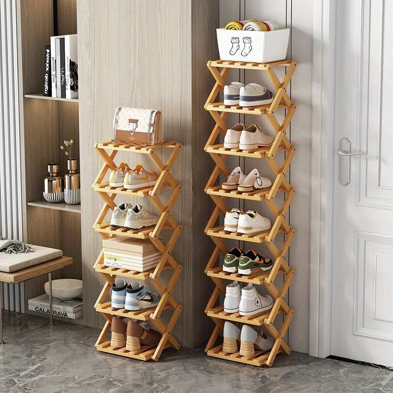 Folding Bamboo Shoe Rack, Multi-Layer Narrow Space Saving Storage Organizer No-Installation Required Shoe Shelf for Small Spaces