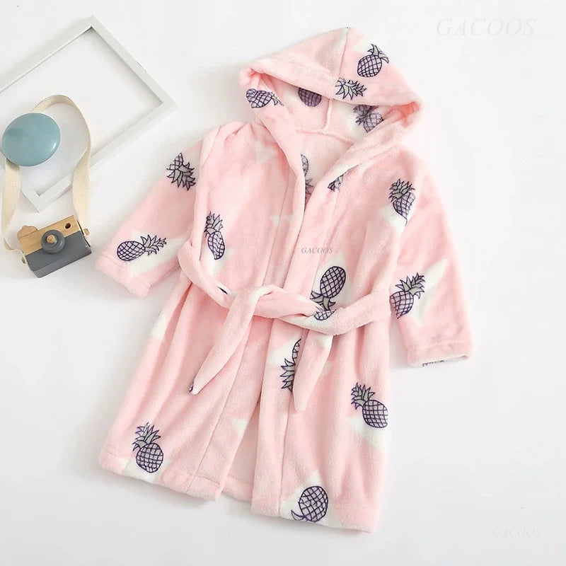 2025 Kids Hooded Flannel Bathrobe Baby Bath Bear Printed Robes Boys Girls Cute Cartoon Soft Warm Pajamas Long Sleeve Towel Robe