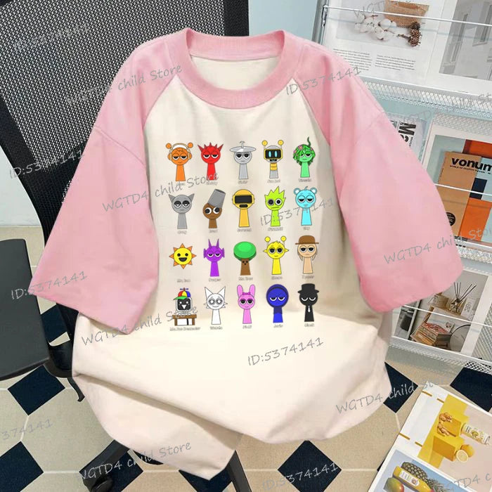 Sprunki Cartoon T-Shirt Boys Girls Shoulder Insertion Short Sleeve Tee New Design Cotton Summer Kids Clothes Gamer Humor Tees