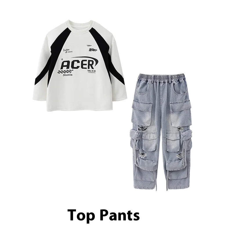 Children's Teen Boys Girls Streetwear Hiphop Sweatshirt Cargo Pant Sets Tracksuits Performance Clothing Kids Tshirt Trousers