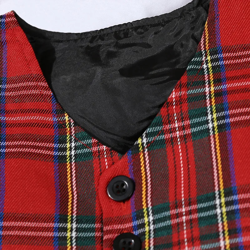 My First Christmas Baby Boys Outfits Necktie Bodysuit+Plaid Waistcoat+Suspender Pants 4pcs Formal Suit For Baby New Year Costume