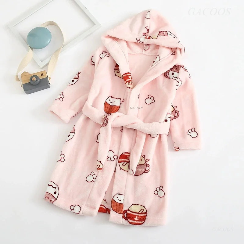 2025 Kids Hooded Flannel Bathrobe Baby Bath Bear Printed Robes Boys Girls Cute Cartoon Soft Warm Pajamas Long Sleeve Towel Robe