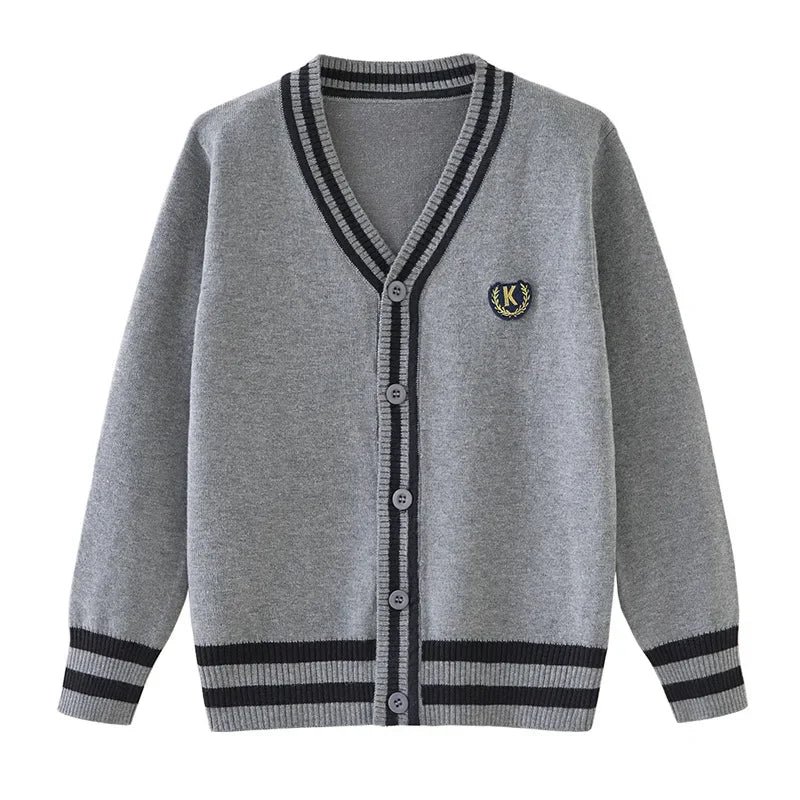 Toddler Girl Cardigan Autumn V-neck Striped Sweaters Teenage Boys Knit Sweater Navy Blue Grey Outerwear Uniform 3 To 18 Years