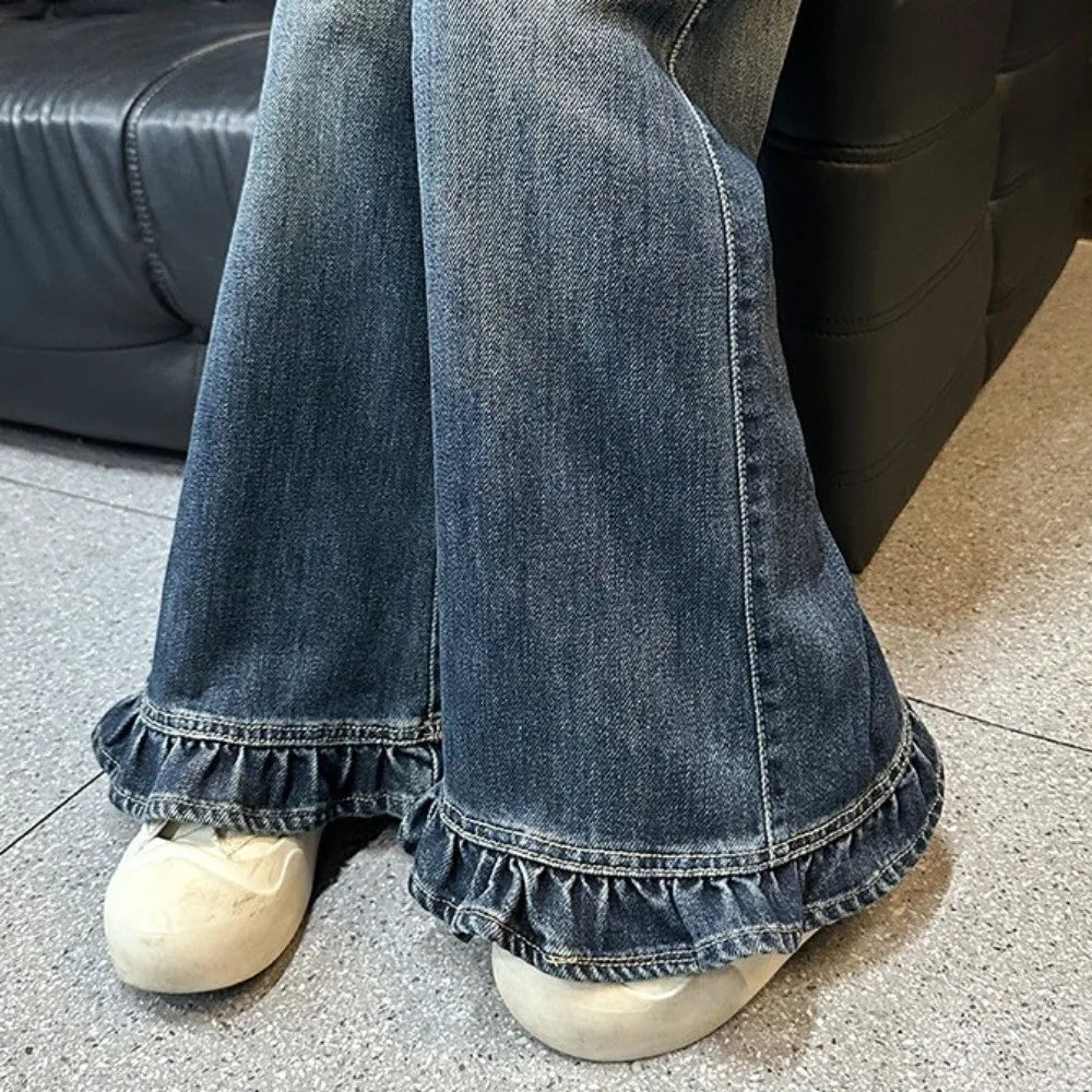 Wide Leg Pants Teen Girl Jeans Straight High Waist Children Ruffled Jeans Streetwear Cowboy Girls Denim Trousers Children