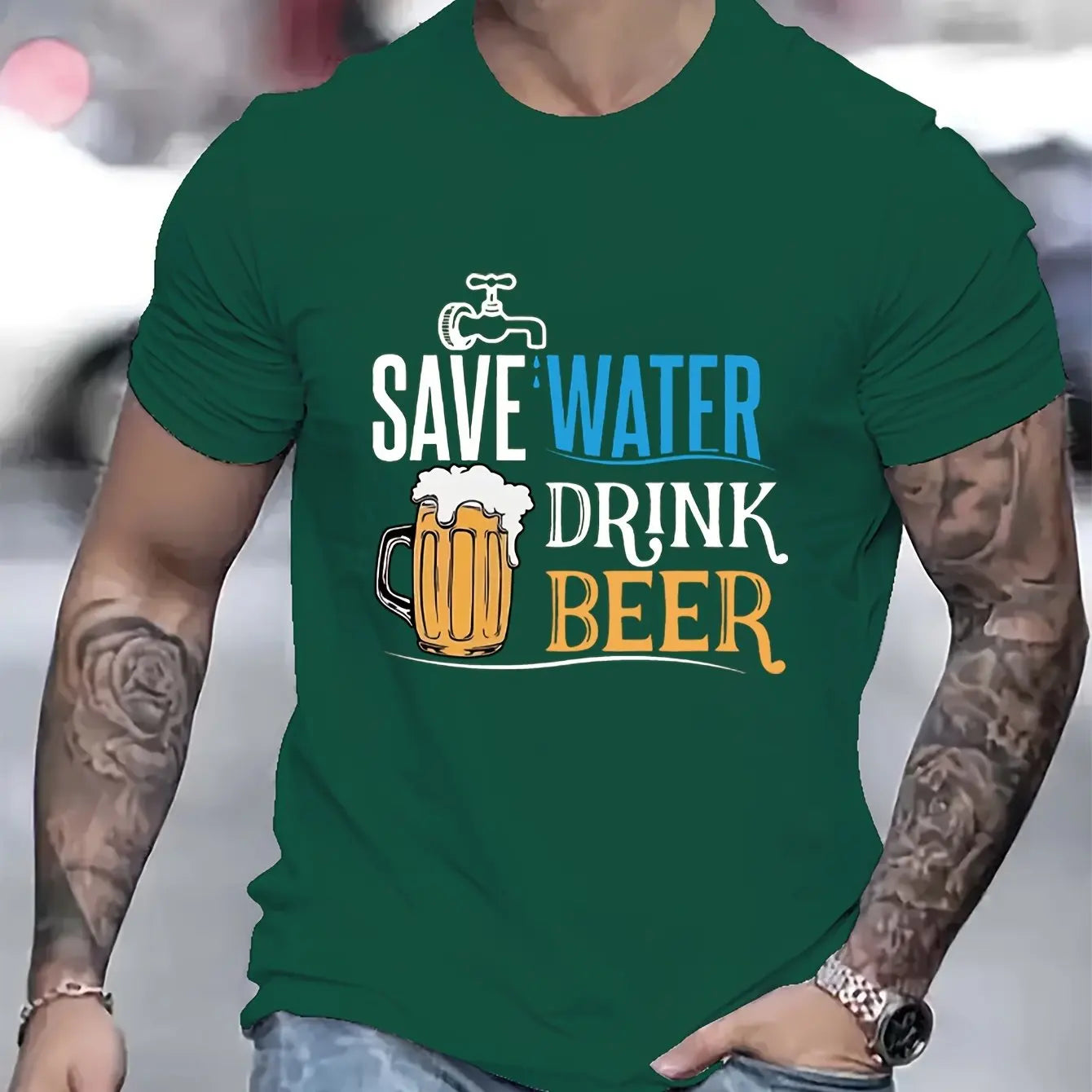 Men's summer 100% pure cotton Creative beer graphic printed fashionable and casual loose round neck short sleeved T-shirt top