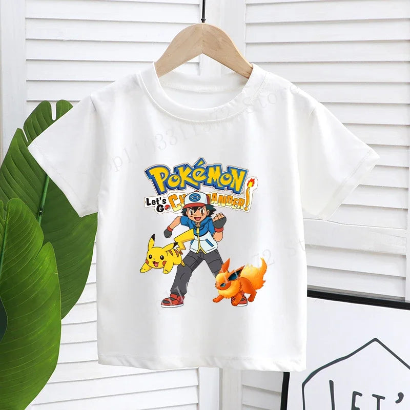 Cartoon Pokemon Children's T-shirt Printed Cute Boys Girls Clothes Anime Outfit Cotton Short Sleeve Shirts Kawaii Birthday Tops