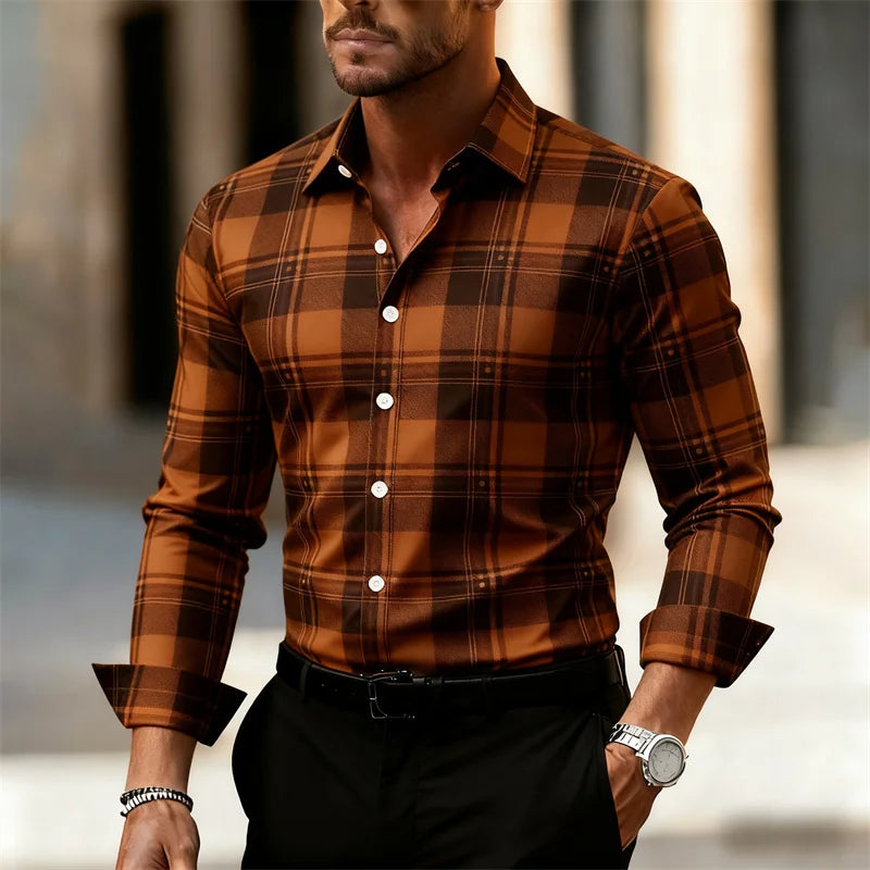 Men's plaid shirt, fashionable and casual street style long-sleeved shirt, men's tops, outdoor daily wear, large sizes XS-6XL