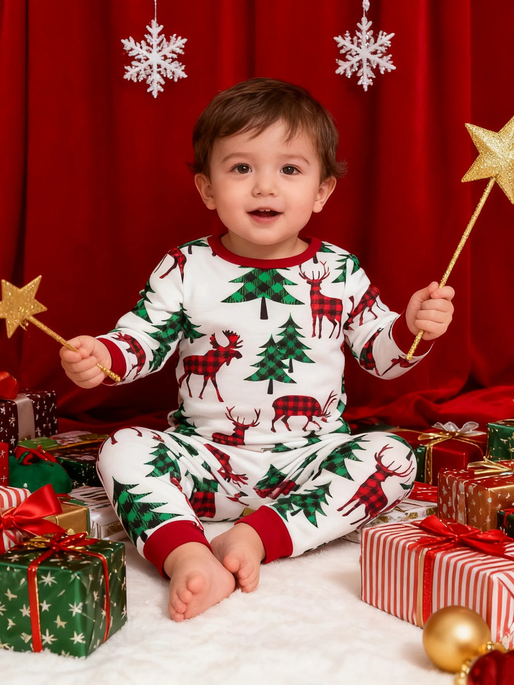 Baby boy's Christmas themed outfit with reindeer and Christmas tree pattern long sleeved pants set