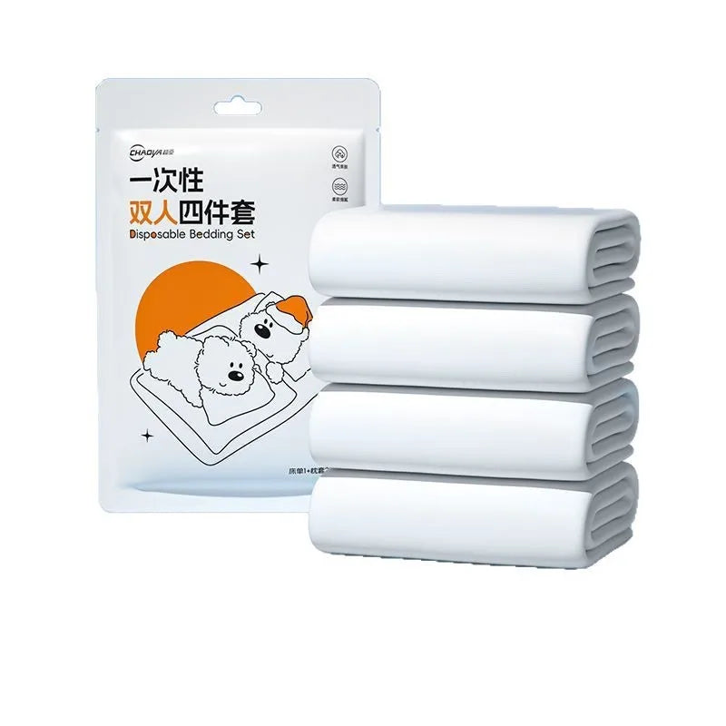Double Thickened Enlarged Disposable Bed Sheet Set with Pillow Covers 4-Piece Hygienic Bedding for Travel Hospitals and Home Use