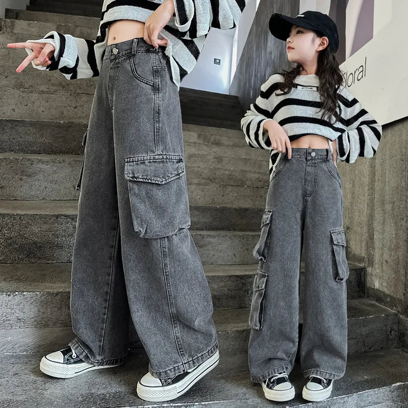 Kids Cargo Jeans For Girls 2024 Spring Korean Fashion Children Multi-Pocket Loose Straight Denim Trousers Teenage Baggy Pants 16