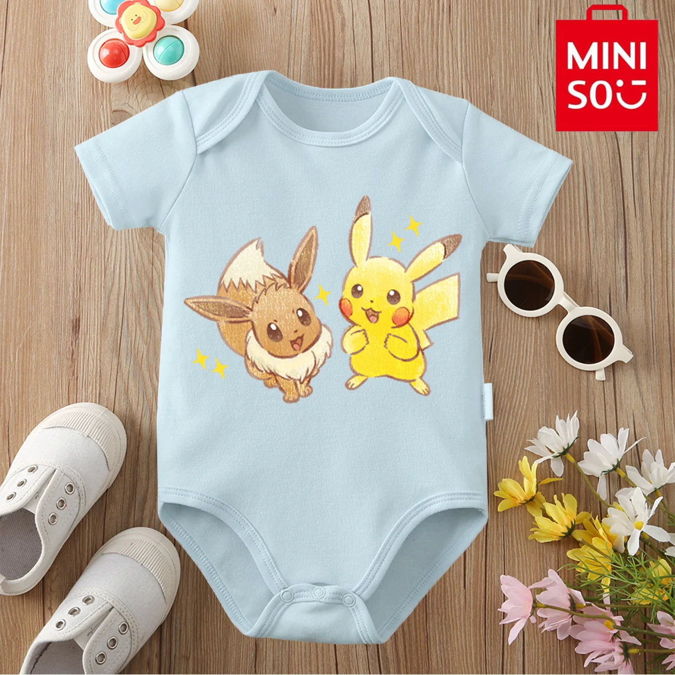 MINISO Pure Cotton Cute Pokemon Pikachu Print Bodysuit Baby Soft Cloths Gift for Baby Onesie Jumpsuit for 0 To 12 Months Newborn