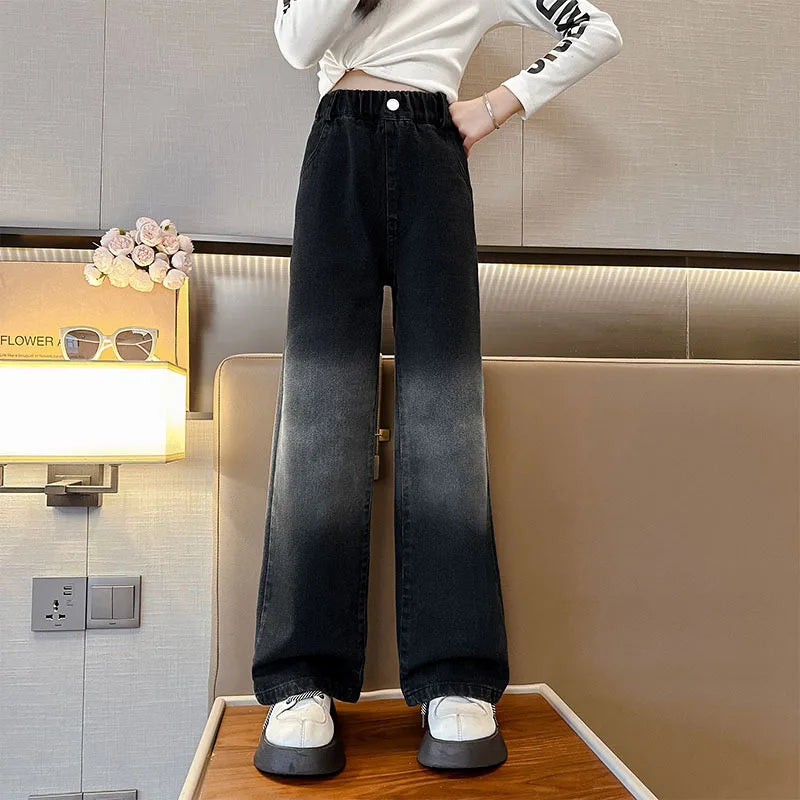 Teenage Girls Jeans 2025 Spring Autumn Casual Fashion Loose Blue Kids Leg Wide Pants School Children Trousers 6 8 10 12 Year