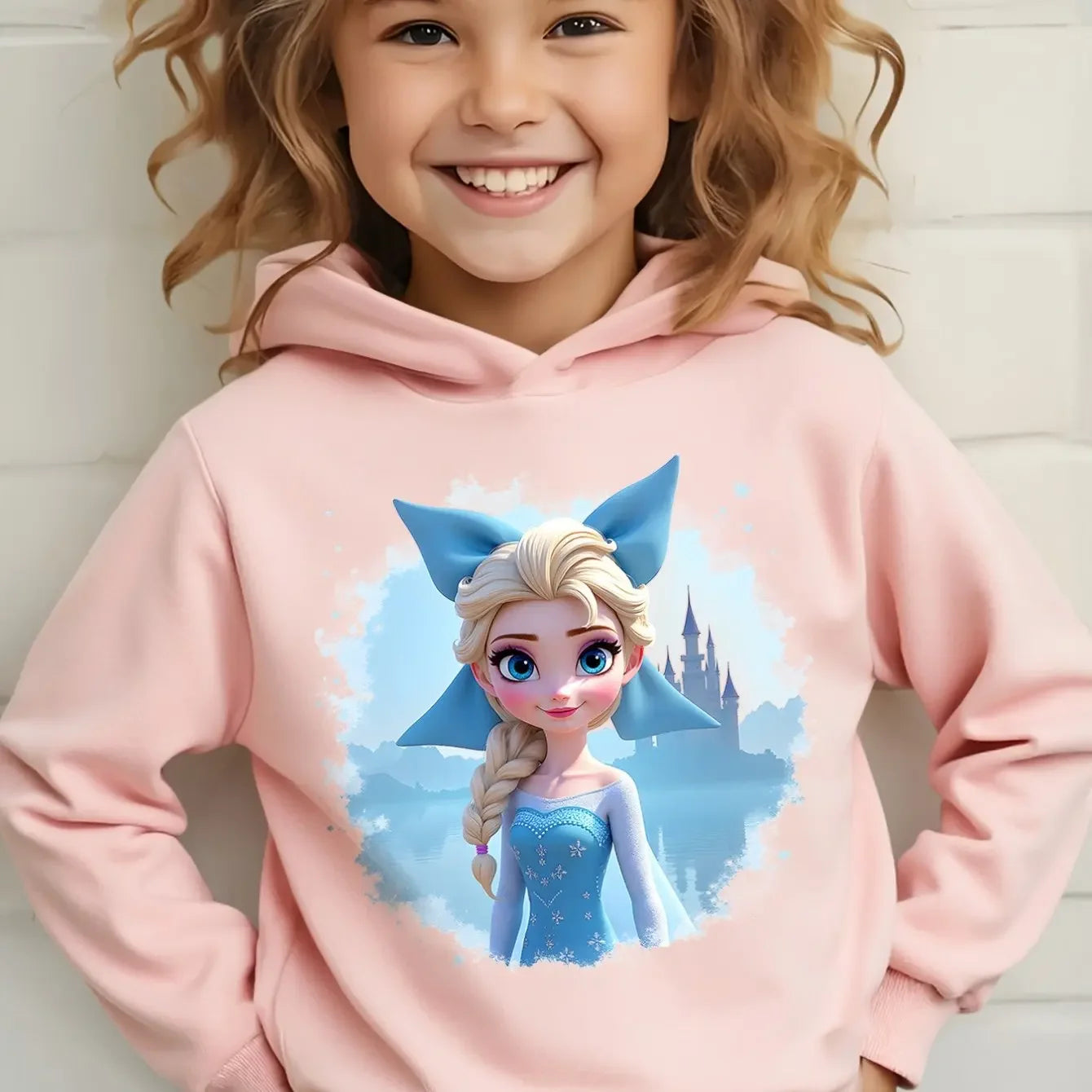 Cute Elsa Pattern Children's Long-sleeved Hooded Sweatshirt for Autumn and Winter Travel Wear Suitable as a Gift for Children